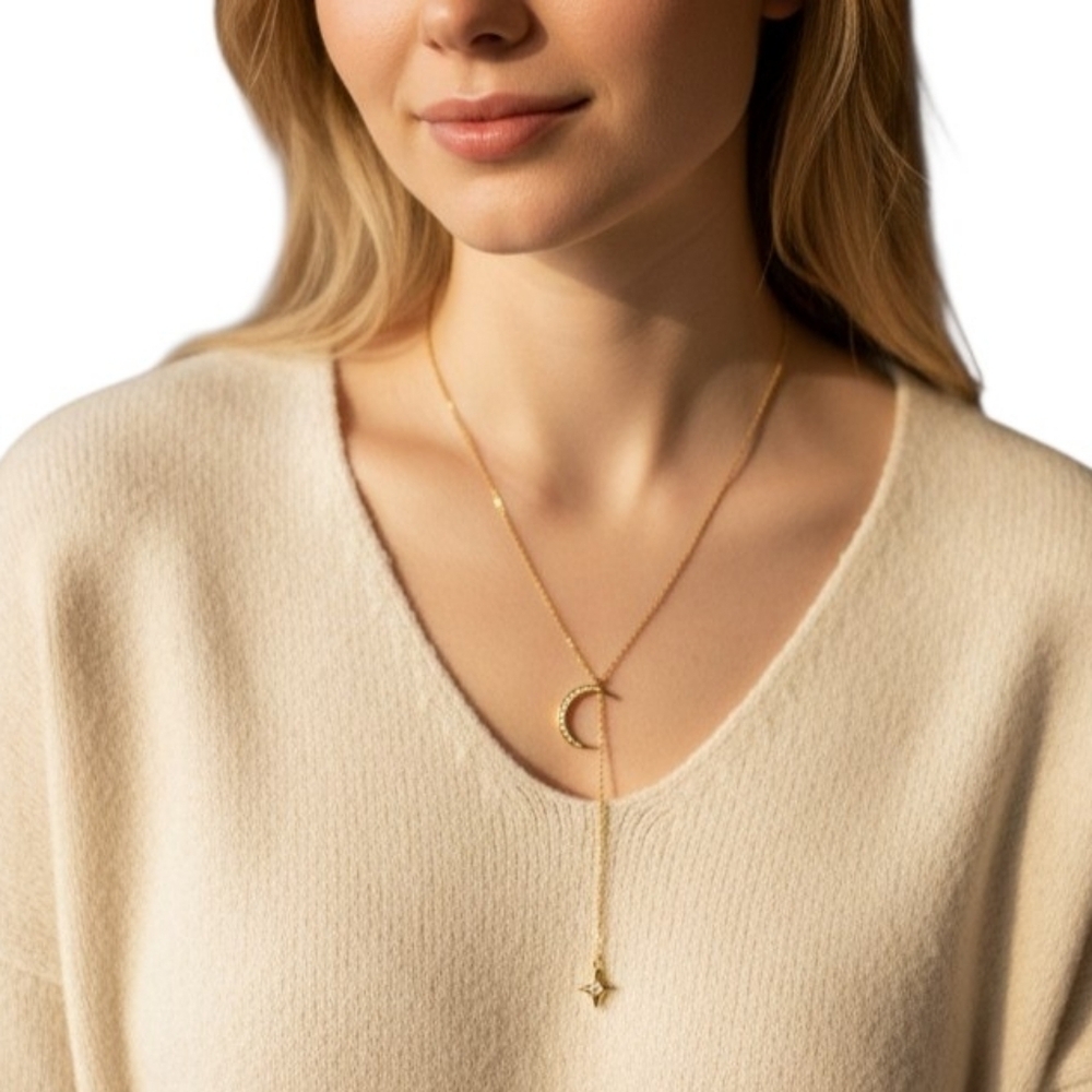 Gold Colored Dainty Moon and Star Jeweled Charm Necklace 18" Long by Lili Claspe